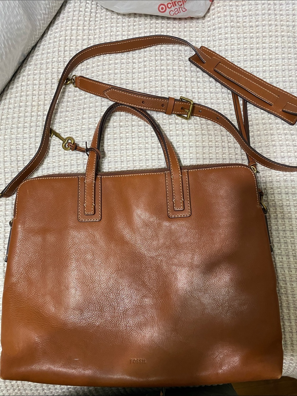 Fossil Cognac Leather Laptop Tote with Detachable Shoulder Strap